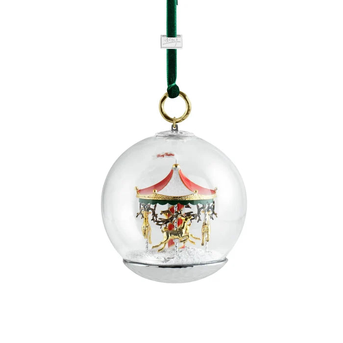 Michael Aram merry-go-round snow globe ornament, metal with festive design, for joyful decoration.