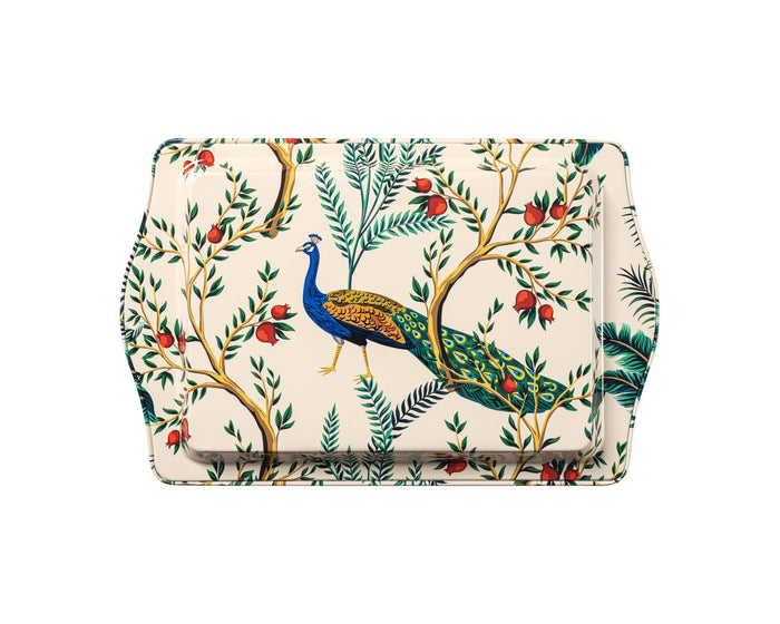 Floral and peacock patterned clutch bag on a white background