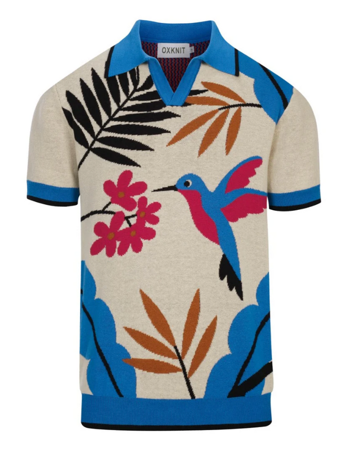 Multicolored Retro Bird Art Jacquard Polo Knit