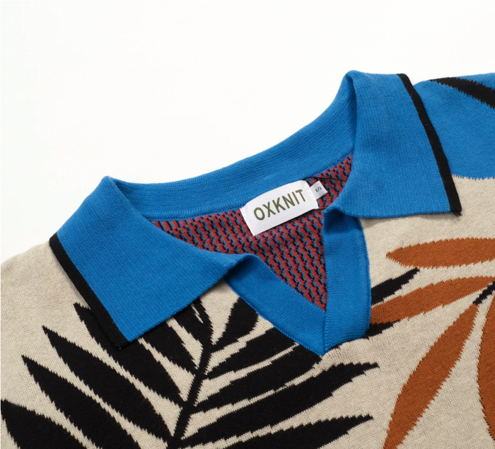 Multicolored Retro Bird Art Jacquard Polo Knit