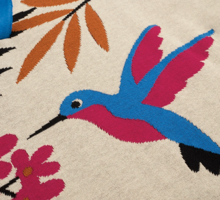 Multicolored Retro Bird Art Jacquard Polo Knit