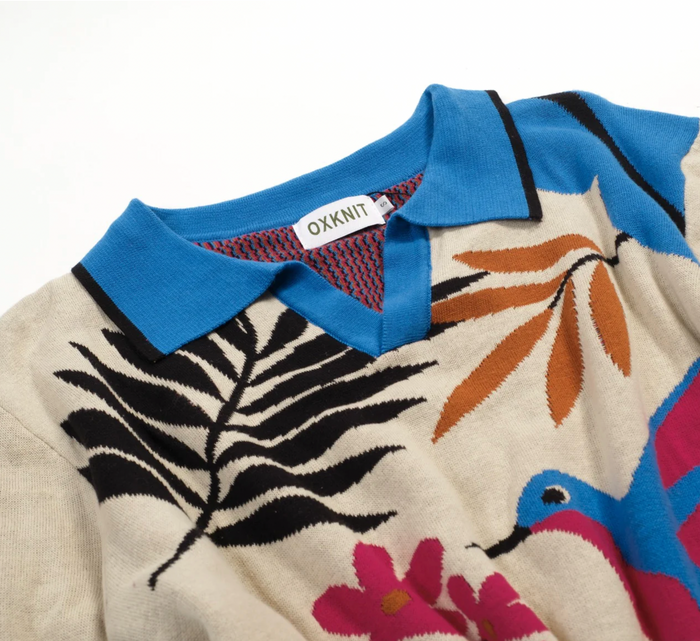 Multicolored Retro Bird Art Jacquard Polo Knit