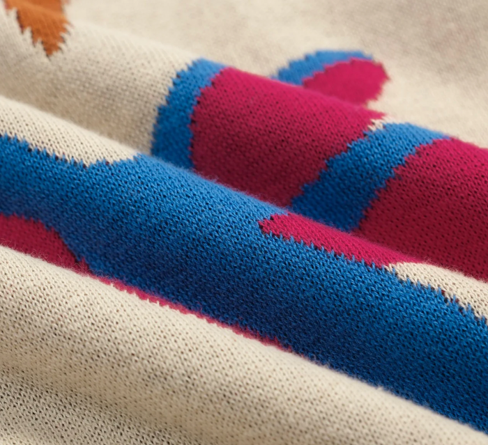 Multicolored Retro Bird Art Jacquard Polo Knit