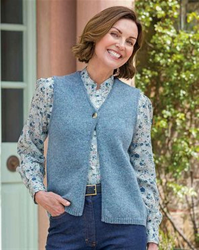 Nina V Neck Pure Shetland Wool Waistcoat - Chambray - Country Collection