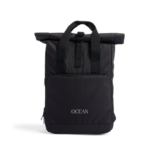 Black Roll-top Bag with OCEAN branding printed on the Front