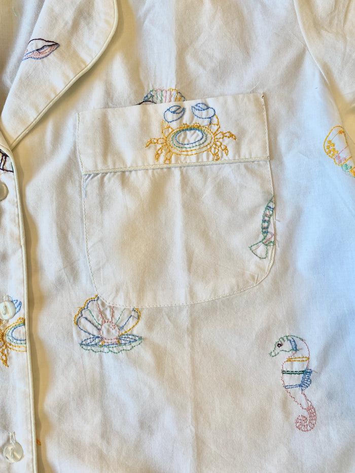Ocean (XL) Cotton PJ Set With Embroidery, Long Sleeve shirt + pants