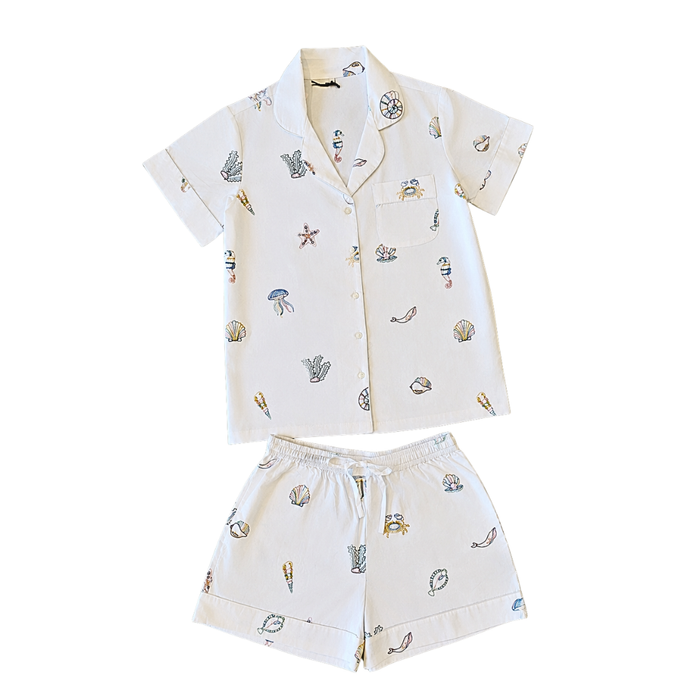Ocean (XL) Cotton PJ Set With Embroidery, Short sleeve + shorts