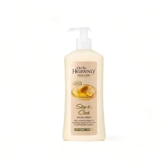 Oh So Heavenly Stop The Clock Facial Wash 450ml with Argan Oil and Hyaluronic Acid for gentle cleansing and anti-wrinkle care