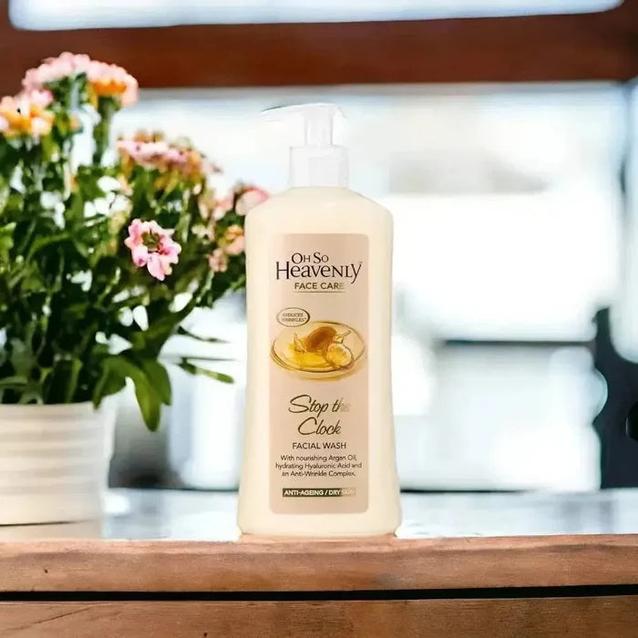 Oh So Heavenly Stop The Clock Facial Wash 450ml with Argan Oil and Hyaluronic Acid for gentle cleansing and anti-wrinkle care