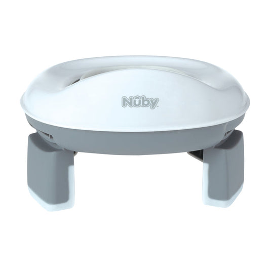The On-the-Go Portable Potty Seat is a gray and white baby bath seat with a rounded backrest and four sturdy legs, ideal for bathtime or providing support during potty training in the tub.