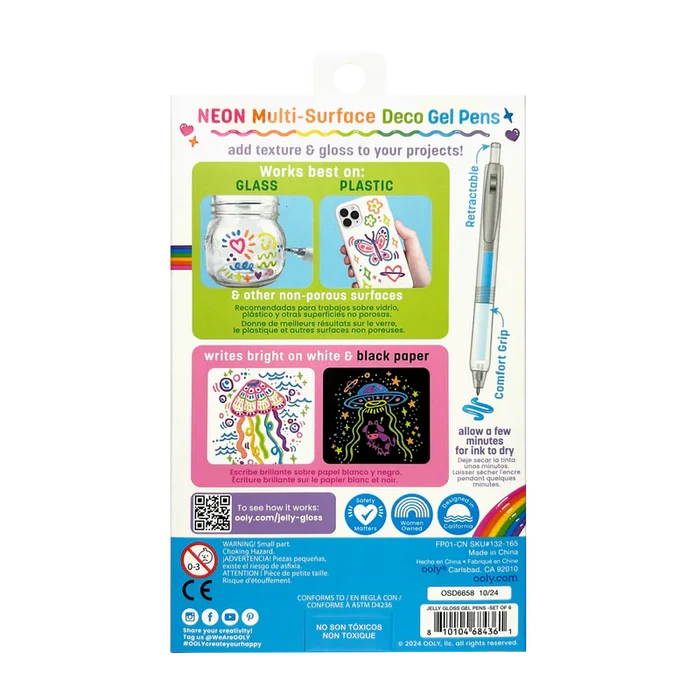 Ooly Jelly Gloss Neon Multi Surface Deco Gel Pens 6 Pk