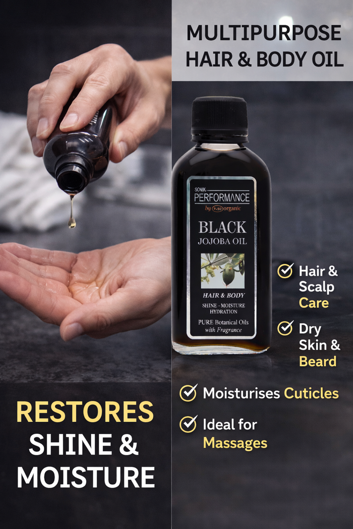 P+50 Sonik Performance Black Jojoba Oil 125ml | Lightweight Hair & Skin Oil for Hydration, Shine & Smoothness | Multi-Use Oil UK