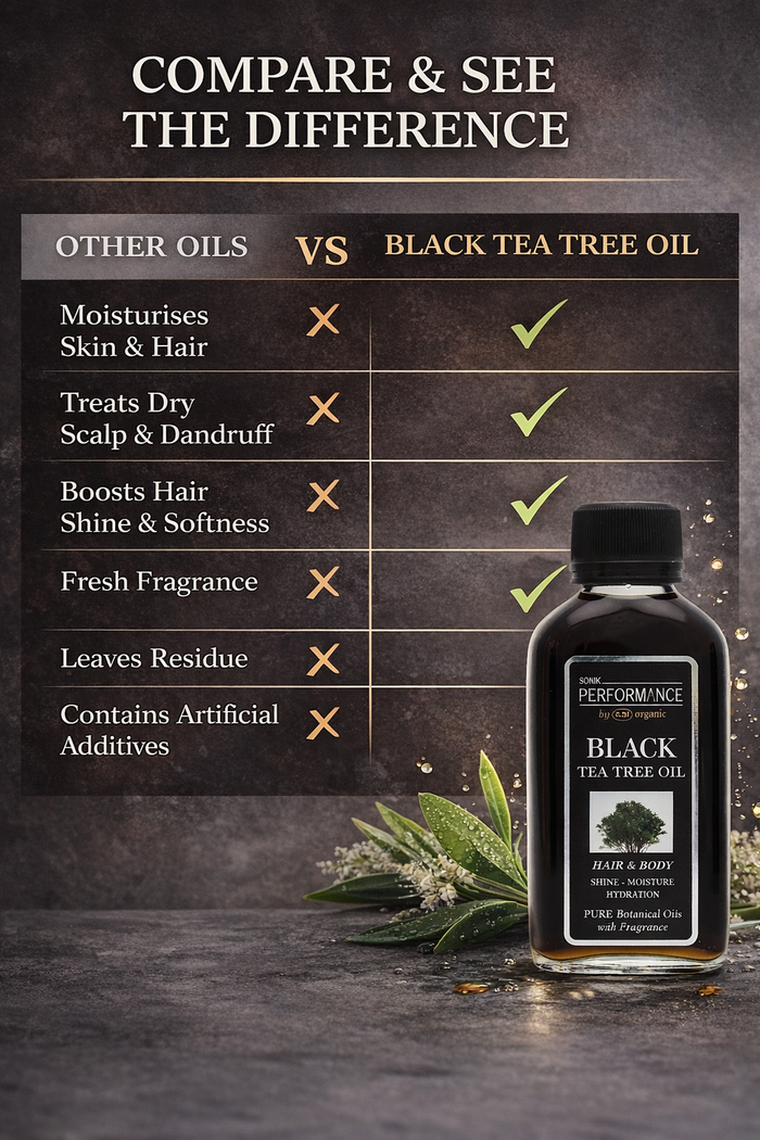 P+50 Sonik Performance Black Tea Tree Oil 125ml | Tea Tree & Sunflower Oil for Hair, Scalp & Skin | Soothing Hydrating Oil UK