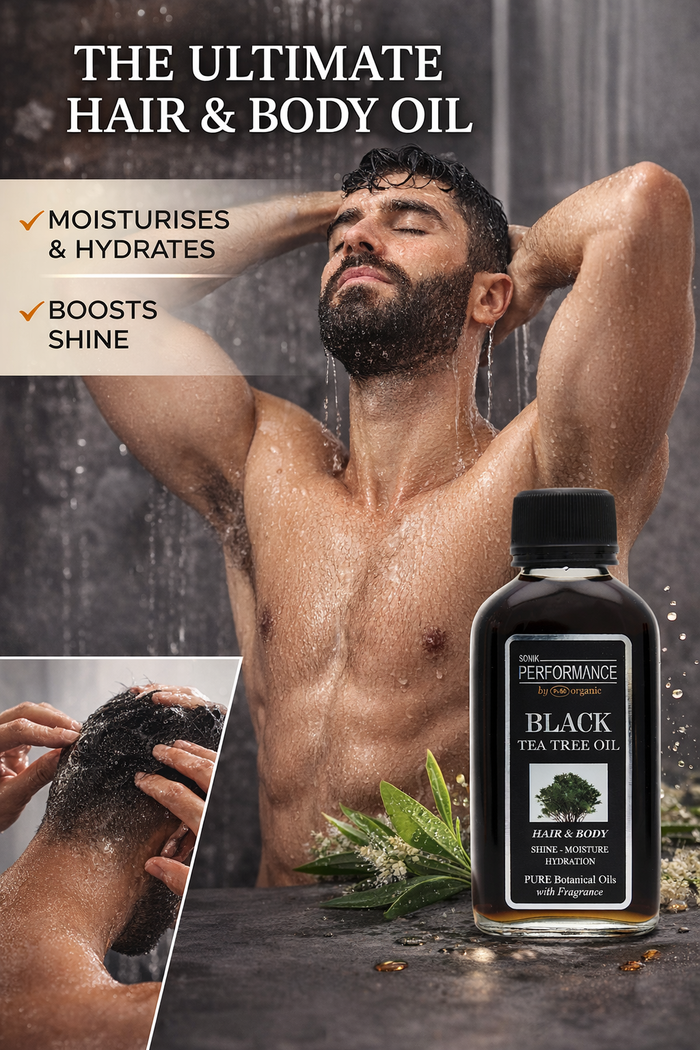 P+50 Sonik Performance Black Tea Tree Oil 125ml | Tea Tree & Sunflower Oil for Hair, Scalp & Skin | Soothing Hydrating Oil UK