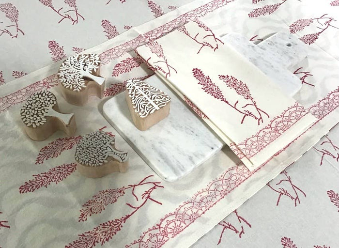 Pampas Grass Red Block Print Napkins - Set of 4