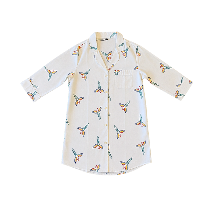 Parrot (Small) Cotton PJ Button Down Shirt with Embroidery, Long Sleeve