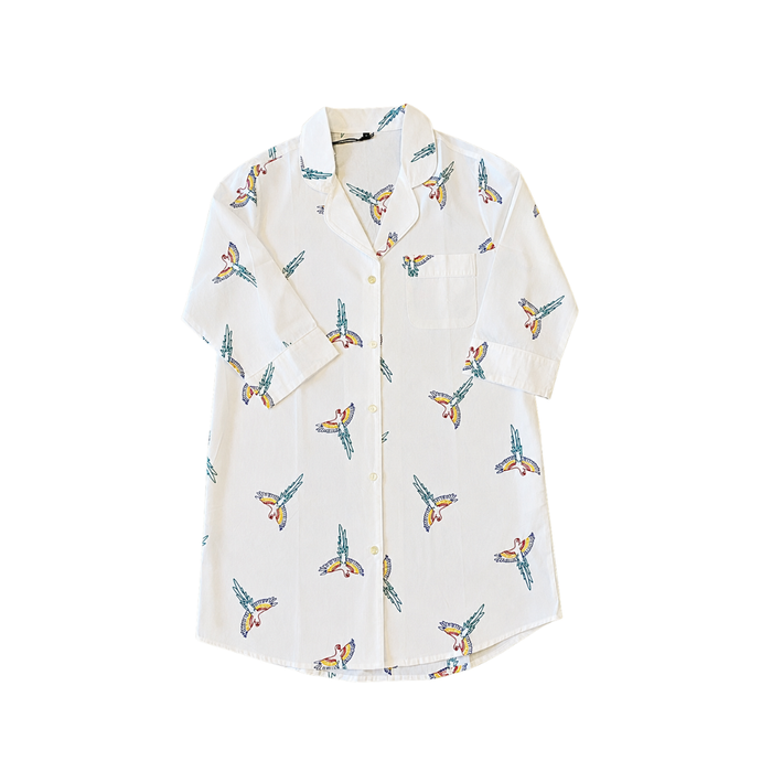 Parrot (Small) Cotton PJ Button Down Shirt with Embroidery, Long Sleeve