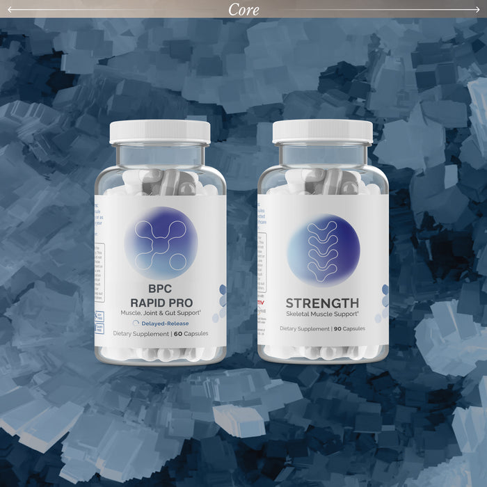 InfiniWell Core Performance & Recovery protocol featuring BPC Rapid Pro and Strength supplements on a textured blue background