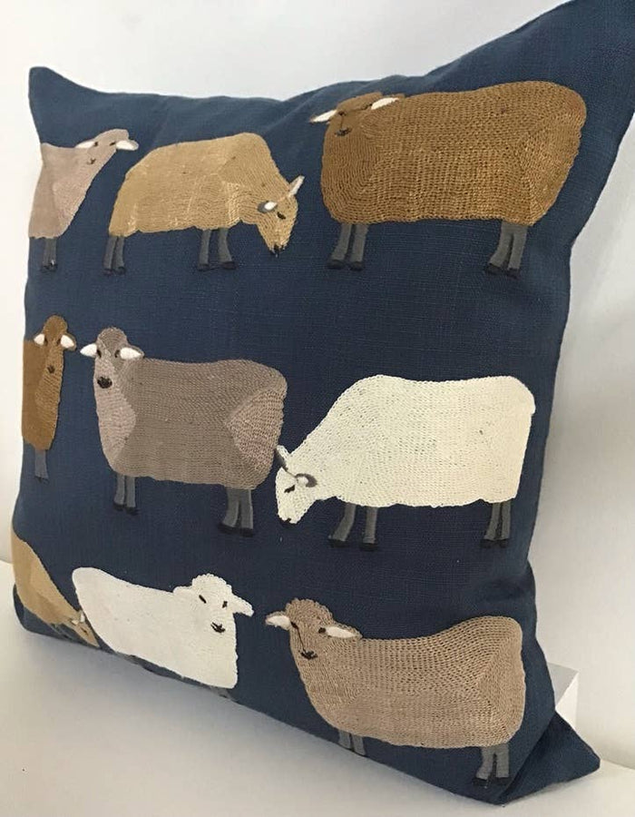 Pillow Applique/Embo 16" Sheep Pasture on Navy