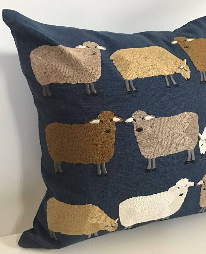 Pillow Applique/Embo 16" Sheep Pasture on Navy
