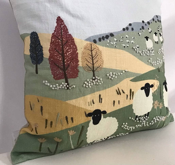 Pillow Applique/Embo 16" Wandering Sheep in a Meadow