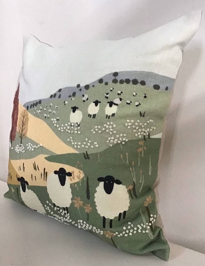 Pillow Applique/Embo 16" Wandering Sheep in a Meadow