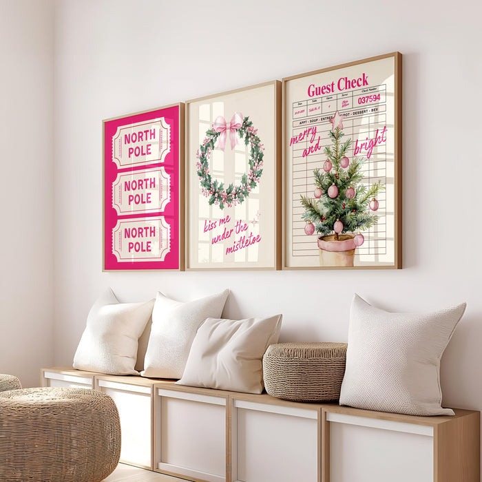 Pink Christmas North Pole Ticket Set of 3 Wall Art Trendy Poster Cute Girly Christmas Pink Guest Check Holiday Print Set Girly Winter Poster