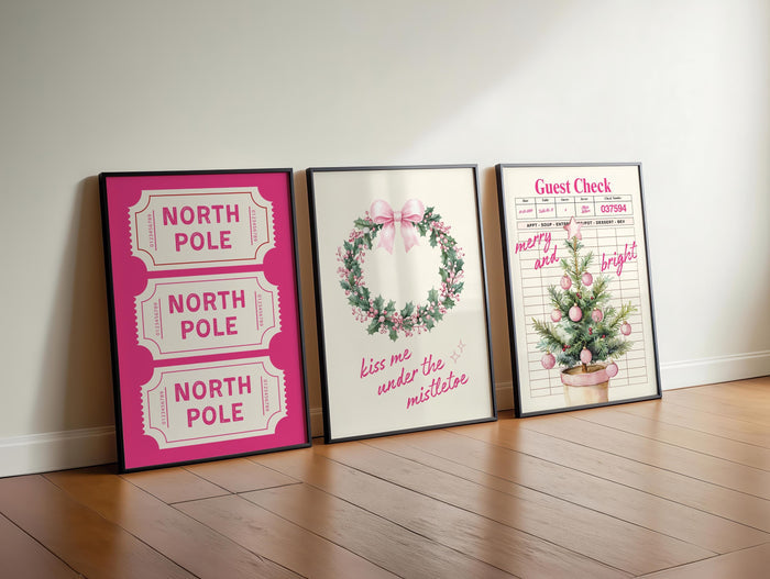 Pink Christmas North Pole Ticket Set of 3 Wall Art Trendy Poster Cute Girly Christmas Pink Guest Check Holiday Print Set Girly Winter Poster