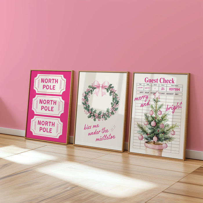 Pink Christmas North Pole Ticket Set of 3 Wall Art Trendy Poster Cute Girly Christmas Pink Guest Check Holiday Print Set Girly Winter Poster