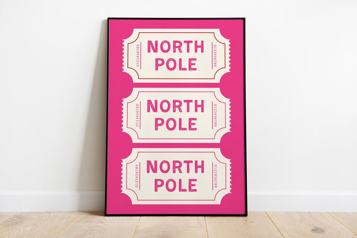 Pink Christmas North Pole Ticket Set of 3 Wall Art Trendy Poster Cute Girly Christmas Pink Guest Check Holiday Print Set Girly Winter Poster
