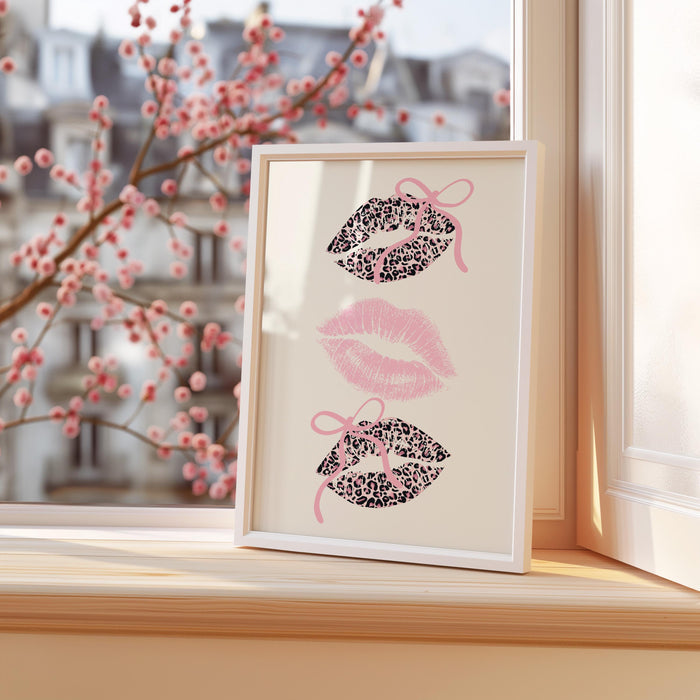 Pink Lucky Girl Gallery Wall Set of 3, Leopard Wall Art, Coquette Lips Print, 8 Ball Poster, Feminine Aesthetic Printable Decor