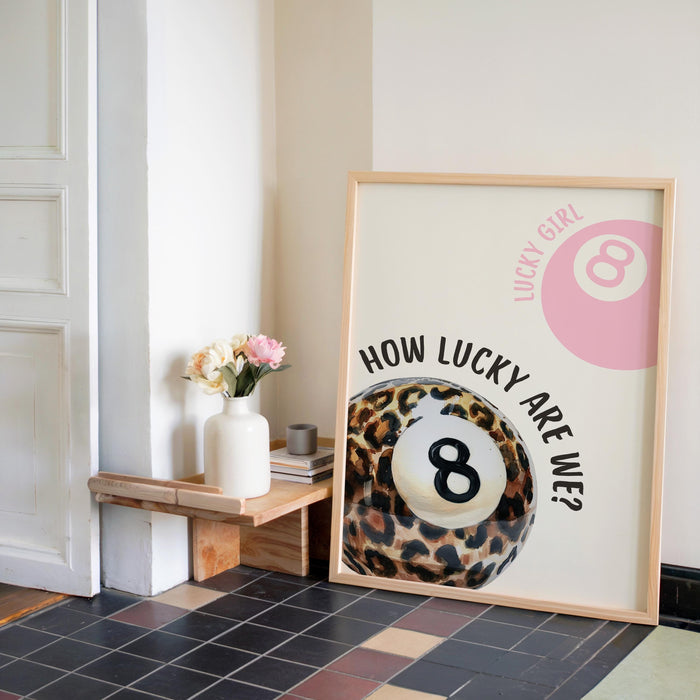 Pink Lucky Girl Gallery Wall Set of 3, Leopard Wall Art, Coquette Lips Print, 8 Ball Poster, Feminine Aesthetic Printable Decor