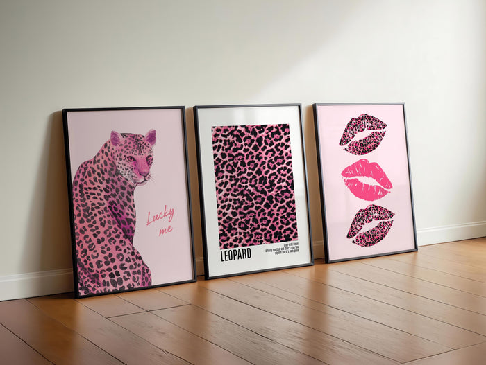 Pink Leopard kiss kiss Poster Lucky Me Trendy Wall Gallery Set of 3 Leopard Wall Art Cheetah Print Preppy Cheetah Print Poster Digital