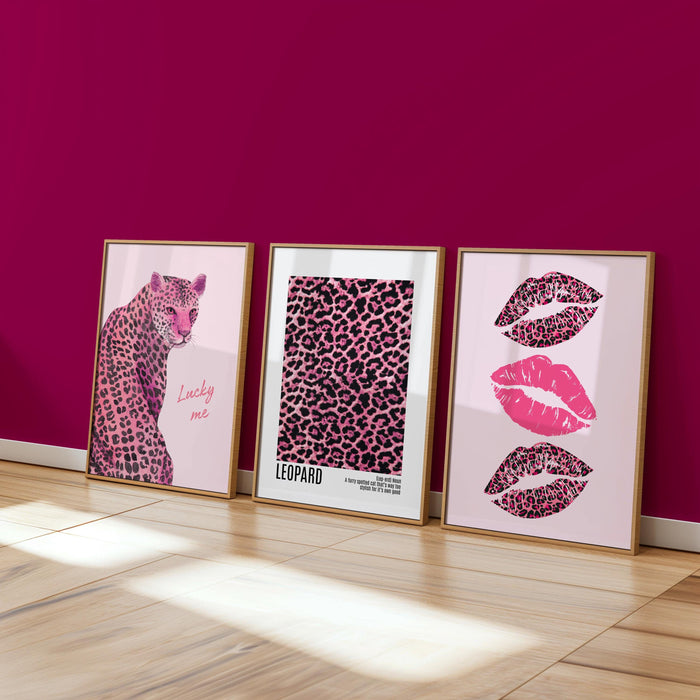 Pink Leopard kiss kiss Poster Lucky Me Trendy Wall Gallery Set of 3 Leopard Wall Art Cheetah Print Preppy Cheetah Print Poster Digital