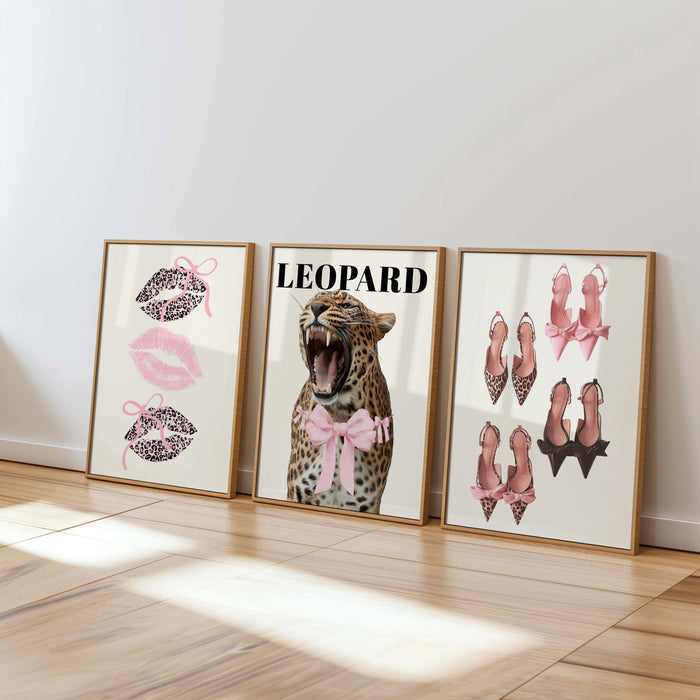 Pink Leopard Wall Art Set of 3, Coquette Fashion Poster Set, Leopard Print Bow Art, Girly Fashion Wall Decor, Pink Lips Chic Shoe Print