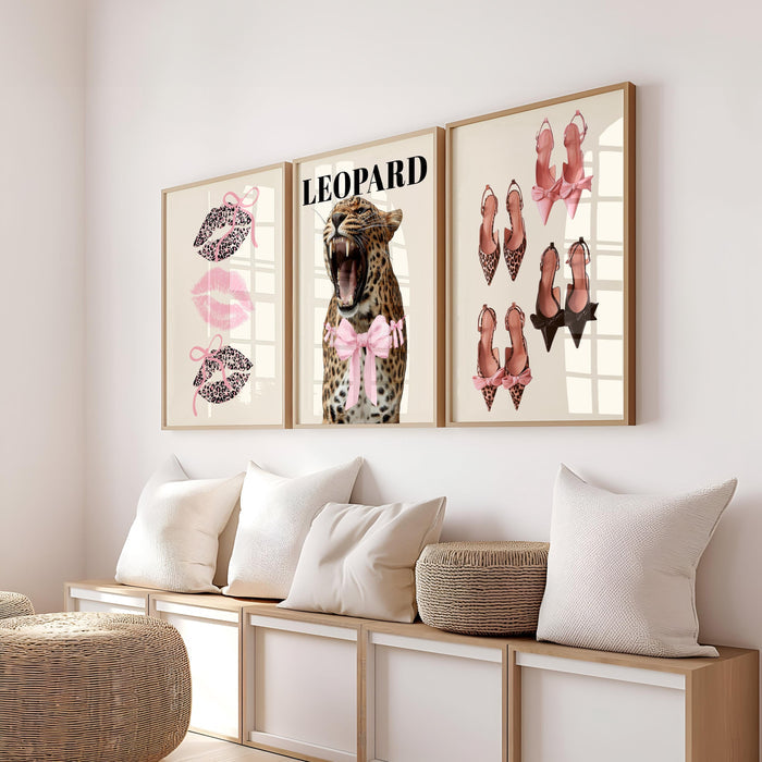 Pink Leopard Wall Art Set of 3, Coquette Fashion Poster Set, Leopard Print Bow Art, Girly Fashion Wall Decor, Pink Lips Chic Shoe Print