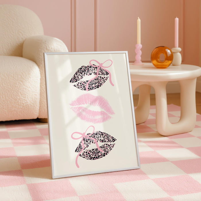 Pink Leopard Wall Art Set of 3, Coquette Fashion Poster Set, Leopard Print Bow Art, Girly Fashion Wall Decor, Pink Lips Chic Shoe Print