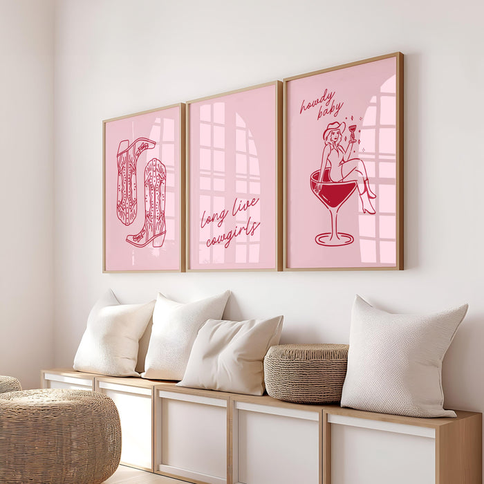 Pink Western Cowgirl Wall Art Set of 3 Prints, Howdy Baby Cocktail Boots Quote Posters, Coquette Bachelorette Party Decor, DIGITAL DOWNLOAD