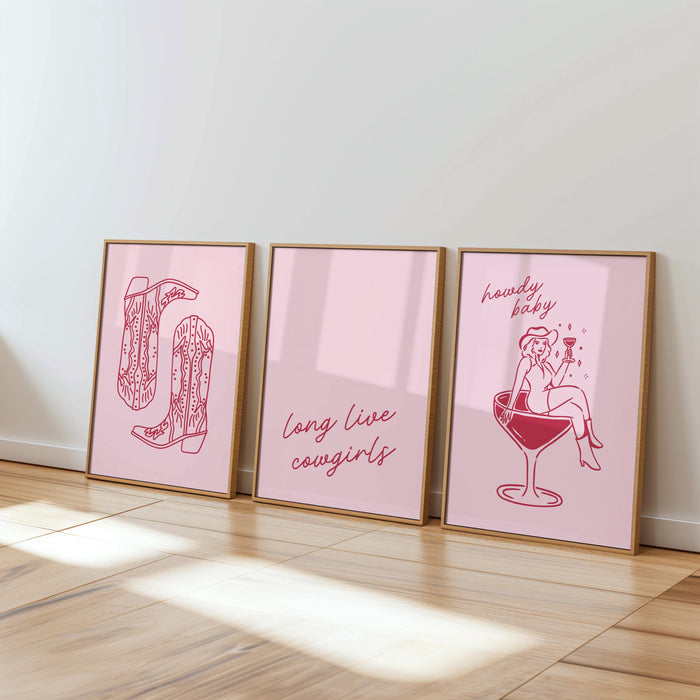 Pink Western Cowgirl Wall Art Set of 3 Prints, Howdy Baby Cocktail Boots Quote Posters, Coquette Bachelorette Party Decor, DIGITAL DOWNLOAD
