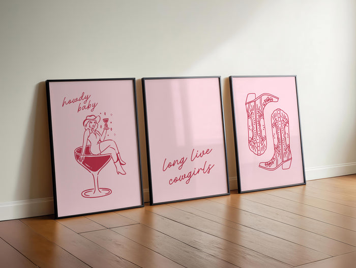 Pink Western Cowgirl Wall Art Set of 3 Prints, Howdy Baby Cocktail Boots Quote Posters, Coquette Bachelorette Party Decor, DIGITAL DOWNLOAD