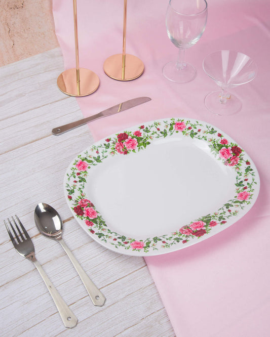 Oval melamine serving plate, white with pink rose floral border, 10 in