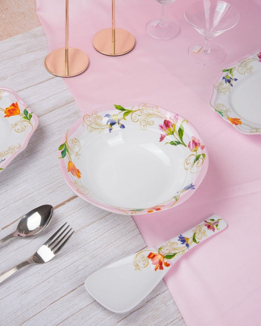 Tulip floral melamine serving bowl, white with gold scroll and colorful flowers