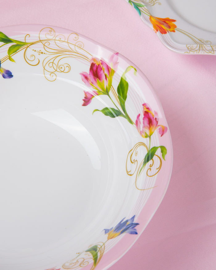 Tulip floral melamine serving bowl rim, white with gold scrollwork and tulips