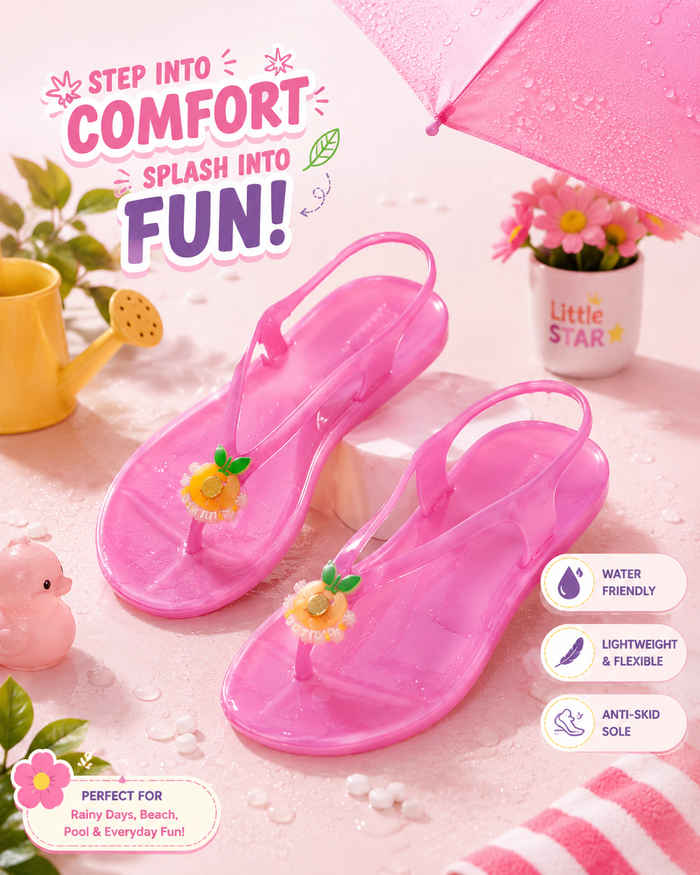 Bright pink girls' jelly sandals with flower charms on clear straps