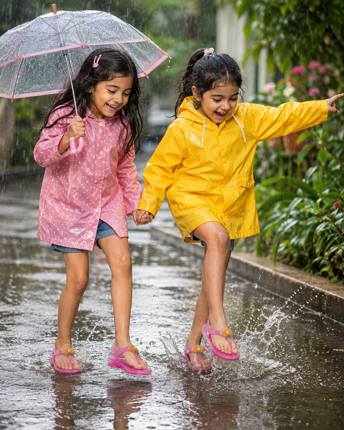 Girls' bright pink jelly sandals with flower charms, worn outdoors