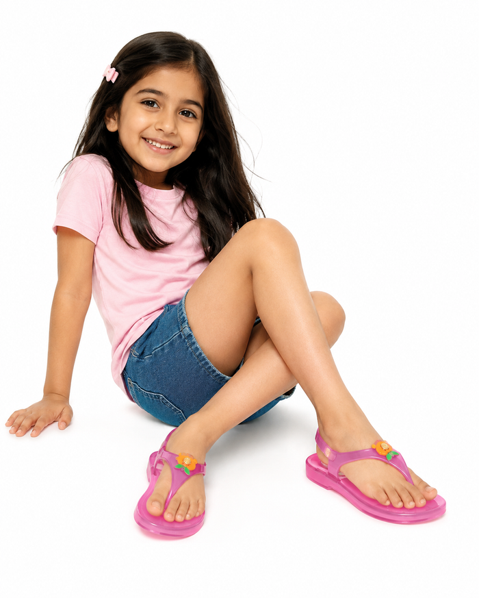 Girls' bright pink jelly sandals with flower charms, worn while sitting