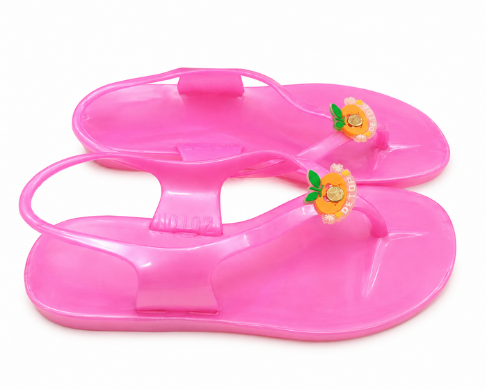 Bright pink girls' jelly sandals, clear straps, flower appliques