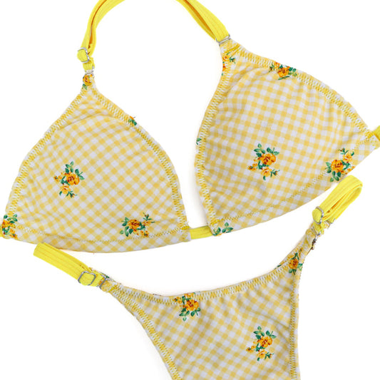 QS ST: Summer Yellow Posing Practice Suit. Medium/Pro with Modest Rise.  Angel Competition BikinisThe best NPC Competition Suits for the Bikini Division, Fit Model Division Suits, and bodybuilding suits.