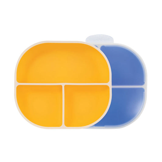 Nuby’s Rectangular Silicone Suction Plate (2 Pack) in yellow and blue features divided compartments and rounded edges for mess-free baby mealtimes.