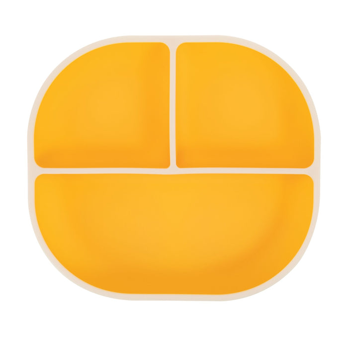 The Nuby Rectangular Silicone Suction Plate 2 Pack in Yellow/Blue features divided sections to keep baby meals organized and spill-free, shown on a white background.